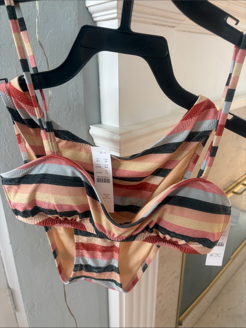 J. Crew Striped Bandeau Bikini Top and Bottom in Gold, Peach, Black, and Silver